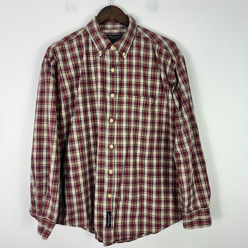 American‎ Eagle Plaid Shirt Mens Medium Red Tan Long Sleeve Button Down Cotton